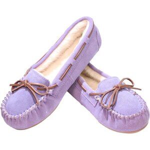 Women's Purple Leather Faux Fur Pile lined lace Up Cozy Bow Warm Slippers Boot